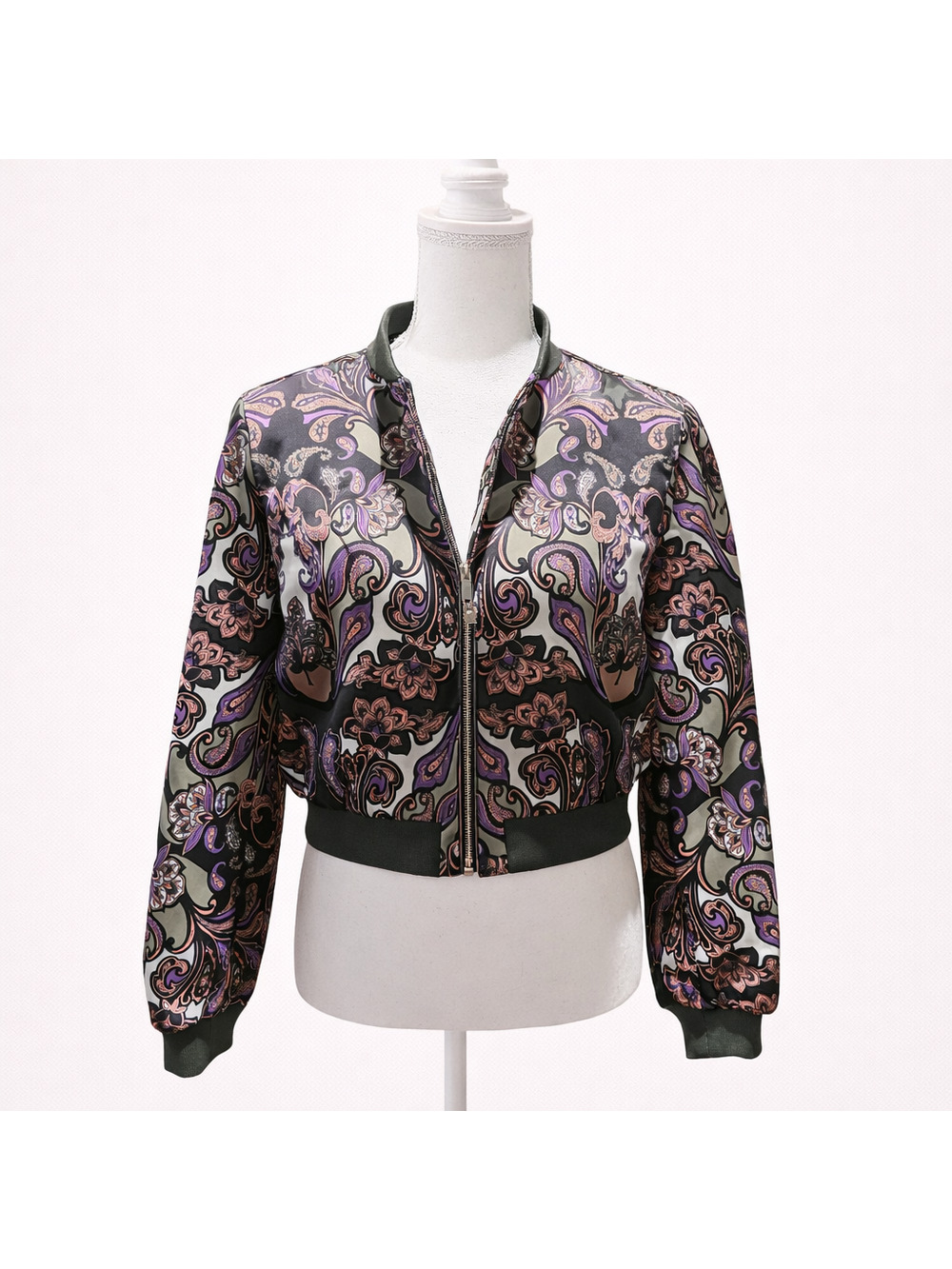 Tahari Small Ornate Paisley Cropped Jacket Boho Luxe Statement Layering Bomber